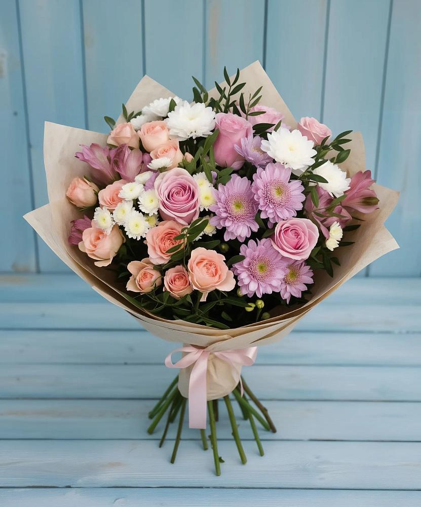 Букет цветов из: Хризантемы, Розы и Альстромерии в Стрелецкое