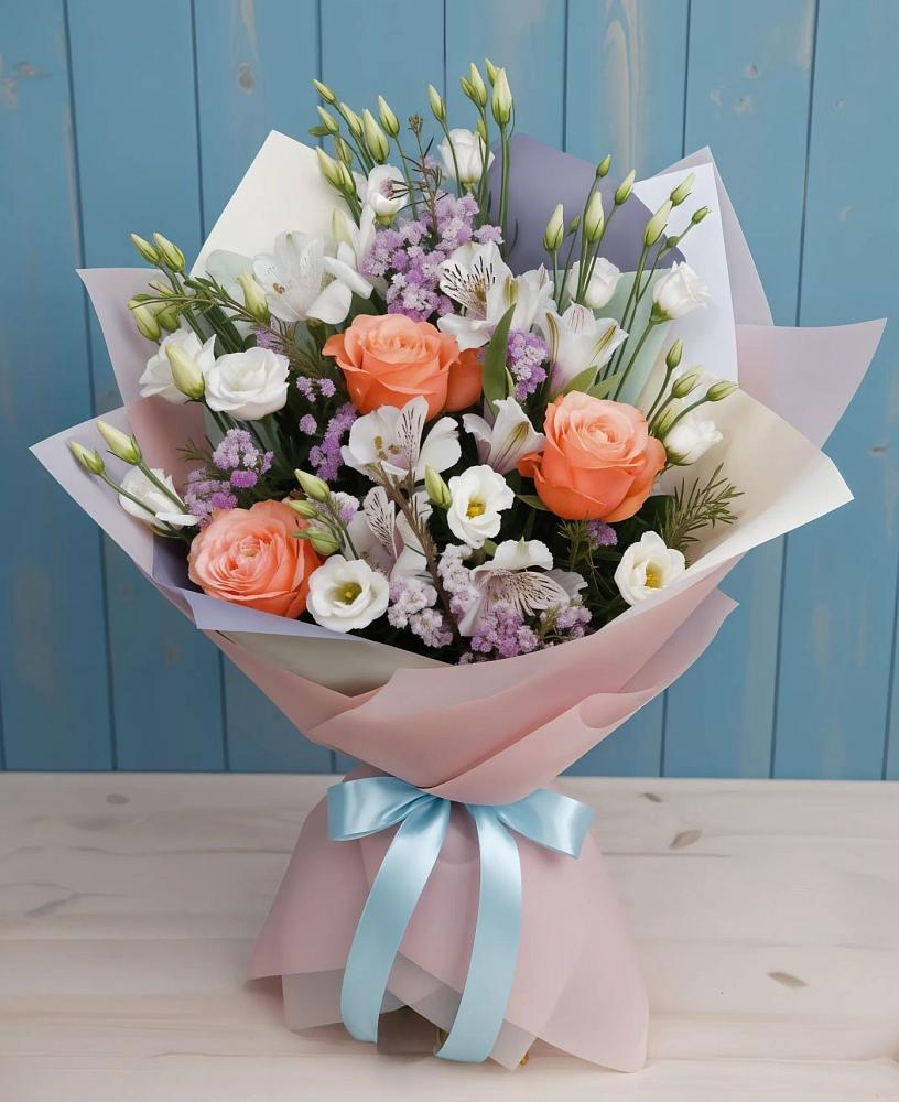Букет цветов из: Лизиантусы, Розы, Альстромерии и Гипсофила в Стрелецкое