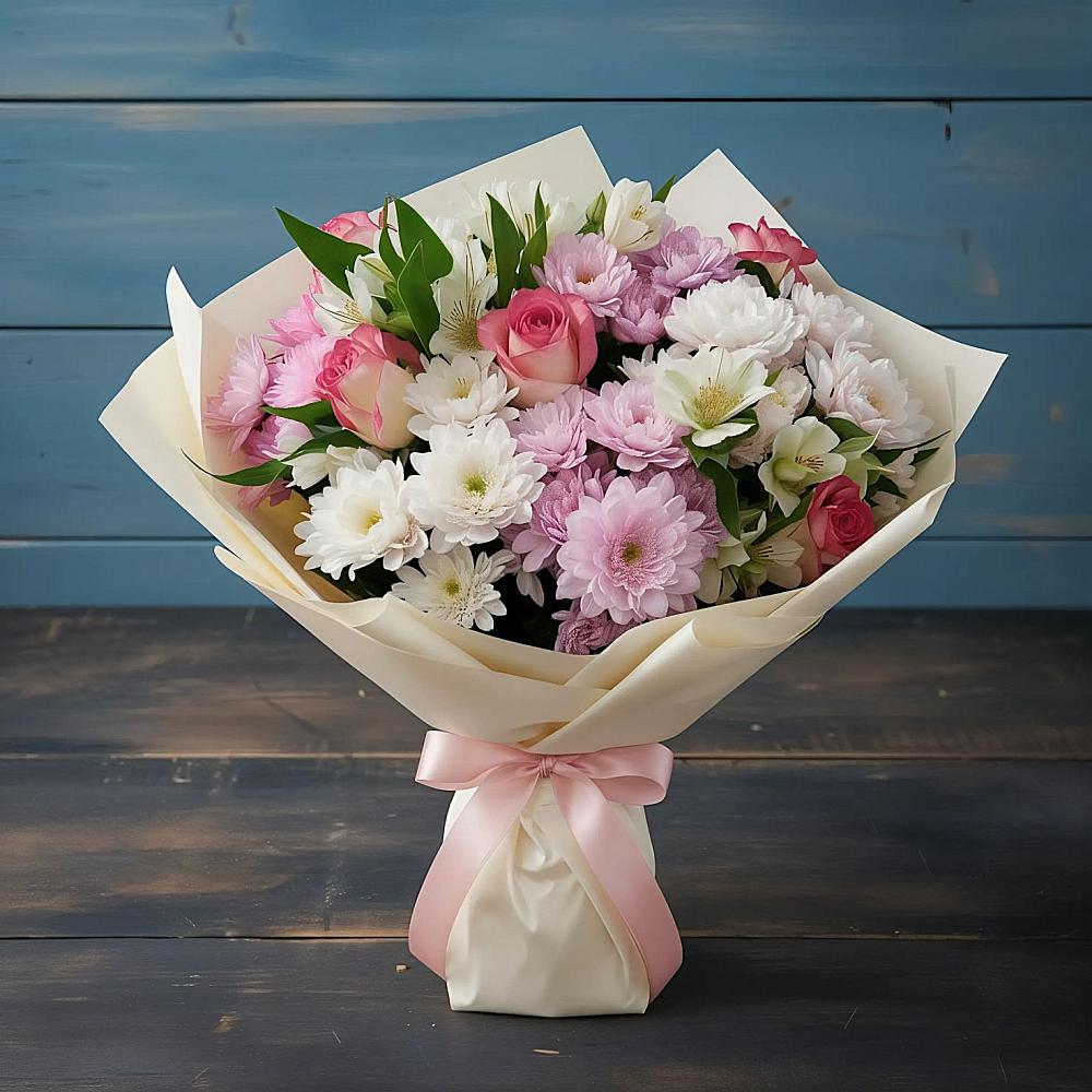 Букет цветов из: Хризантемы, Альстромерии и Розы в Стрелецкое